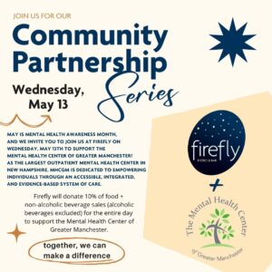 Firefly Bistro and MHCGM logos with text explaining the Community Partnership on May 13th